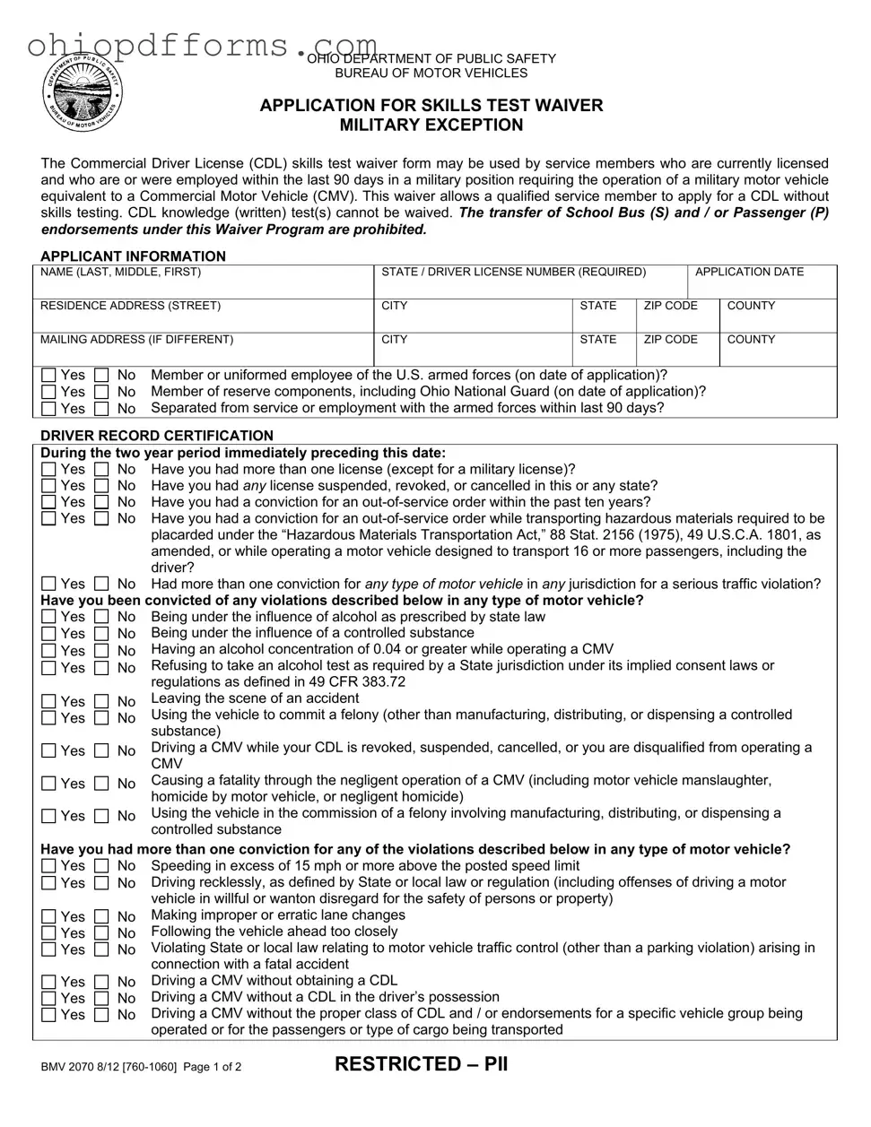 Cdl Ohio 2070 Form