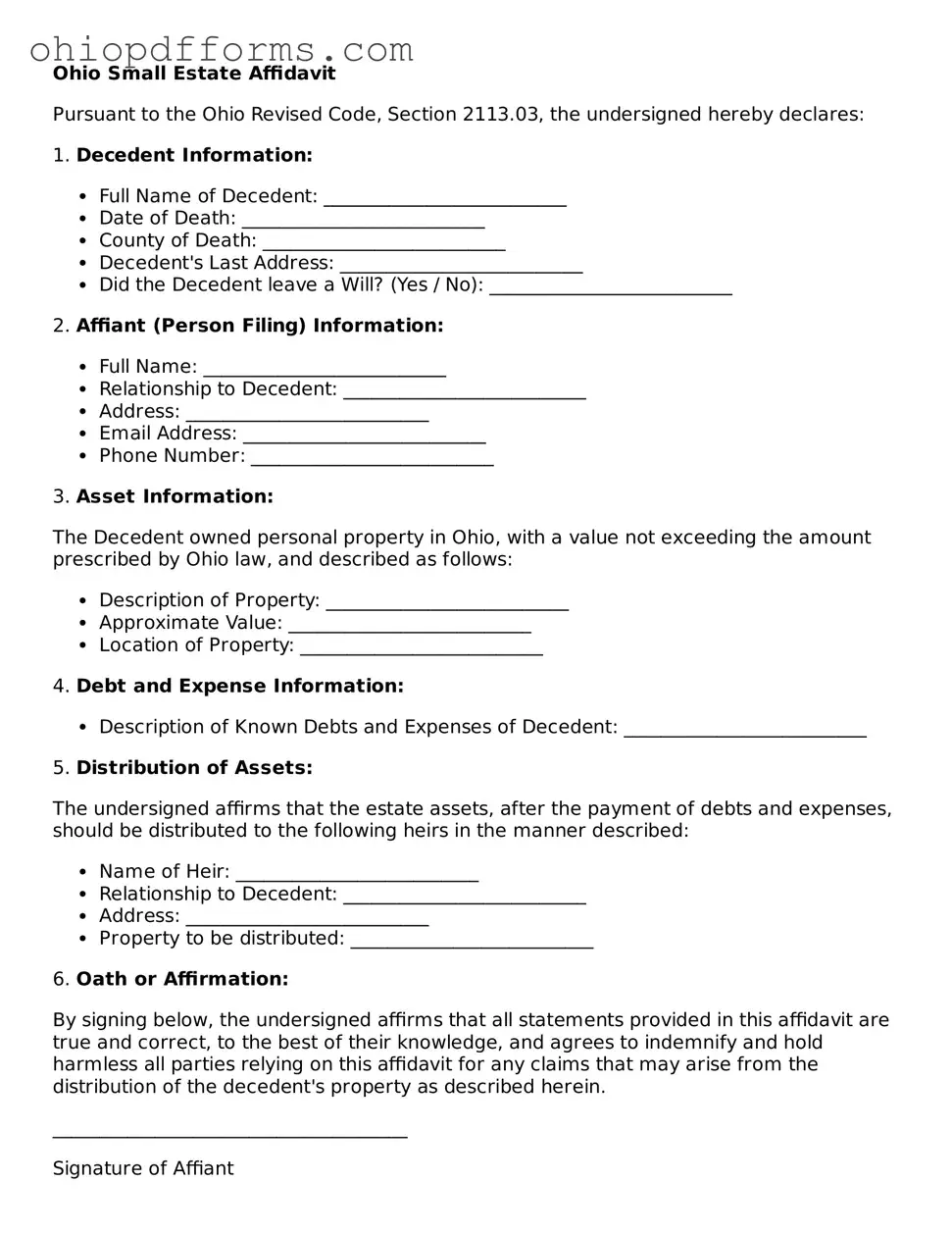 Ohio Small Estate Affidavit Template