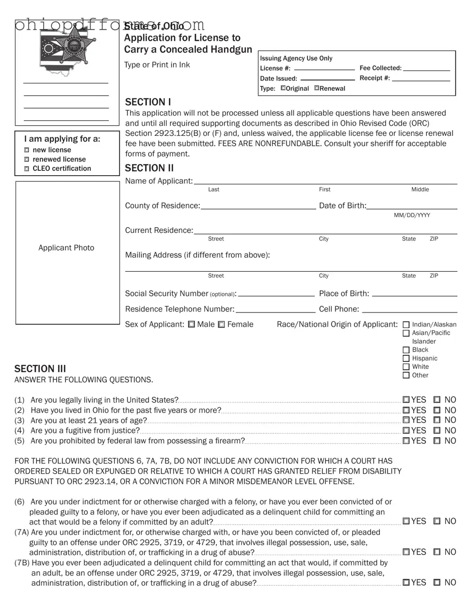 Ohio Application Concealed Form