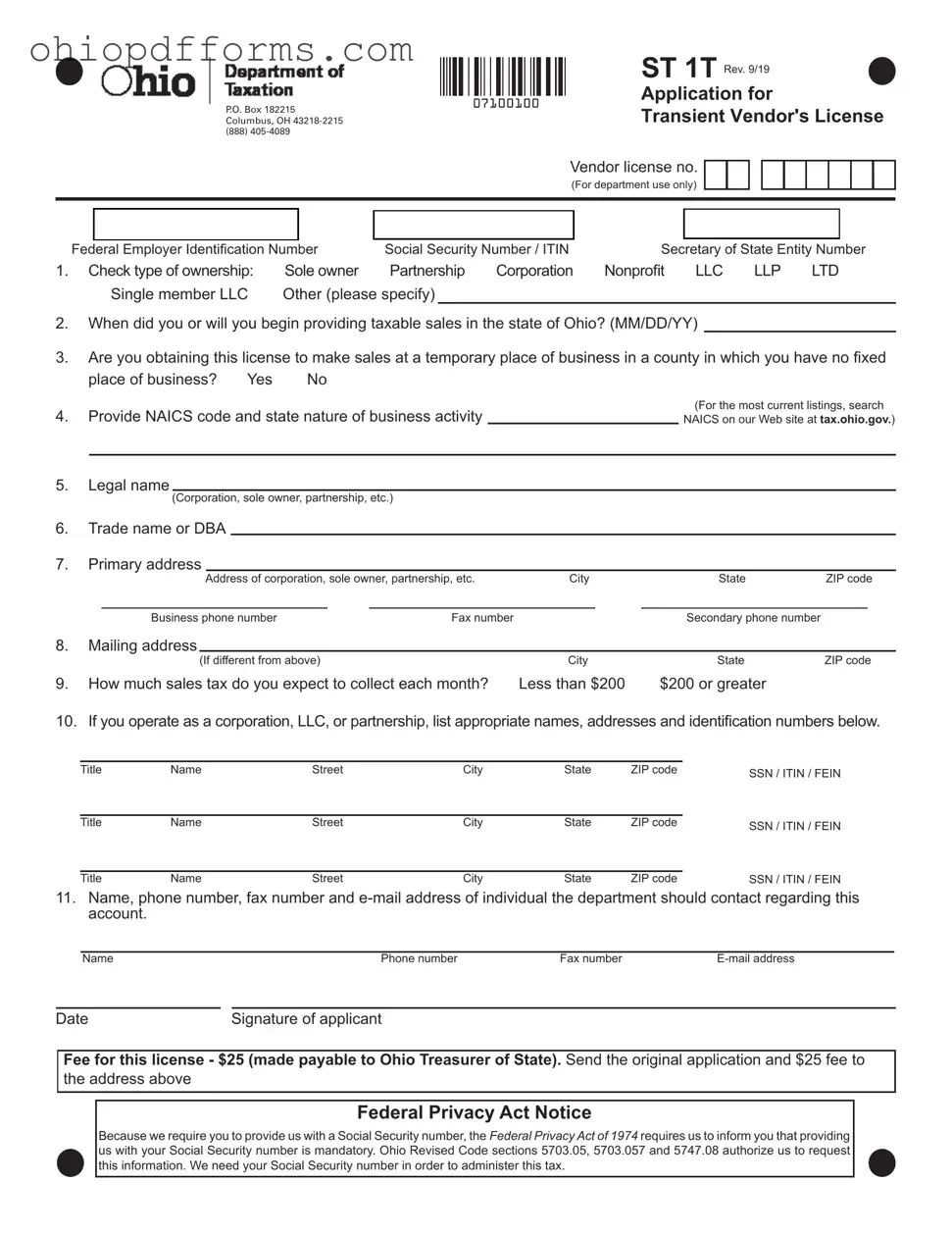 Ohio Application For Vendors License Form