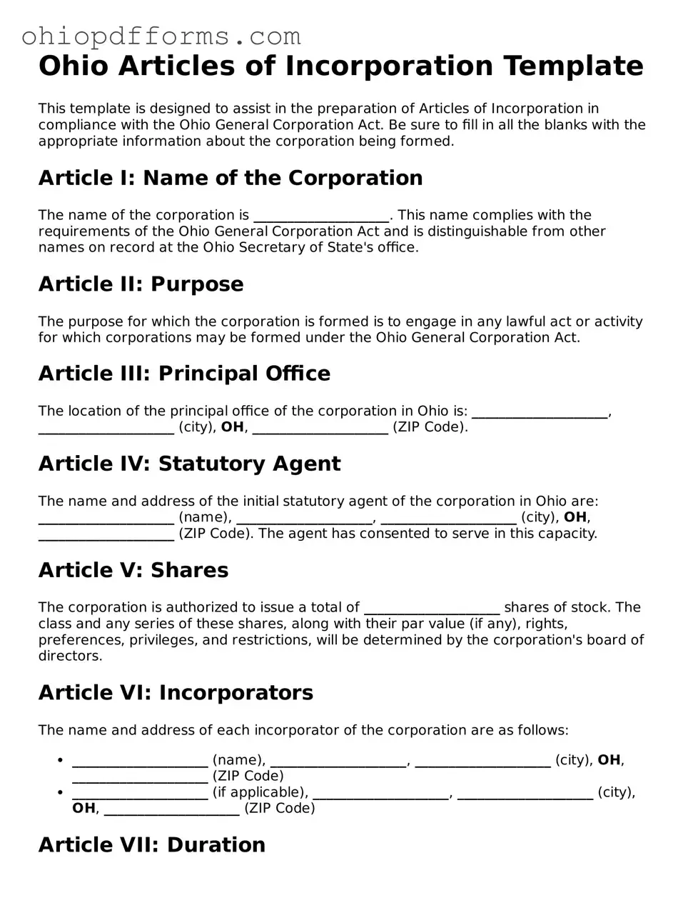 Ohio Articles of Incorporation Template
