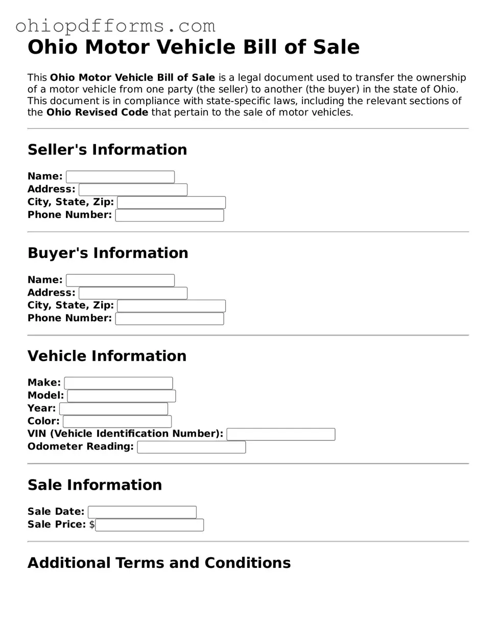Ohio Motor Vehicle Bill of Sale Template