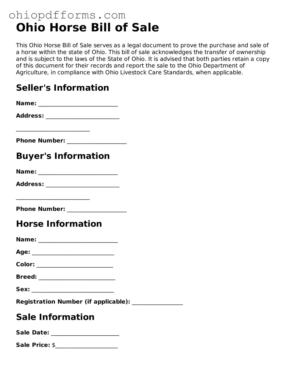 Ohio Horse Bill of Sale Template