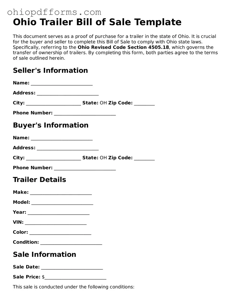 Ohio Trailer Bill of Sale Template