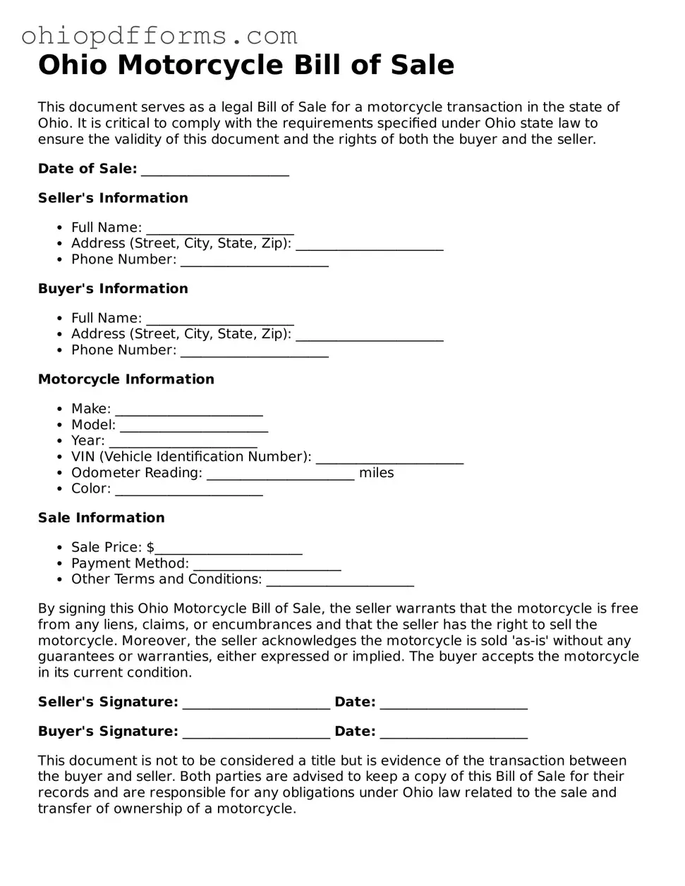 Ohio Motorcycle Bill of Sale Template