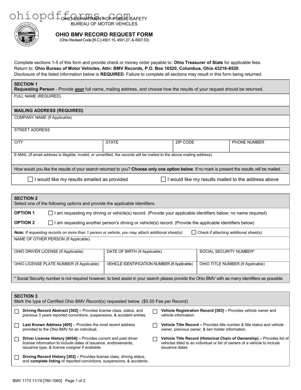 Ohio Bmv 1173 Form