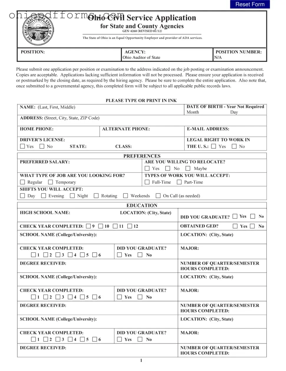 Ohio Civil Service Application Form