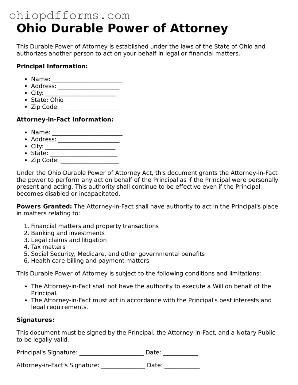 Ohio Durable Power of Attorney Template