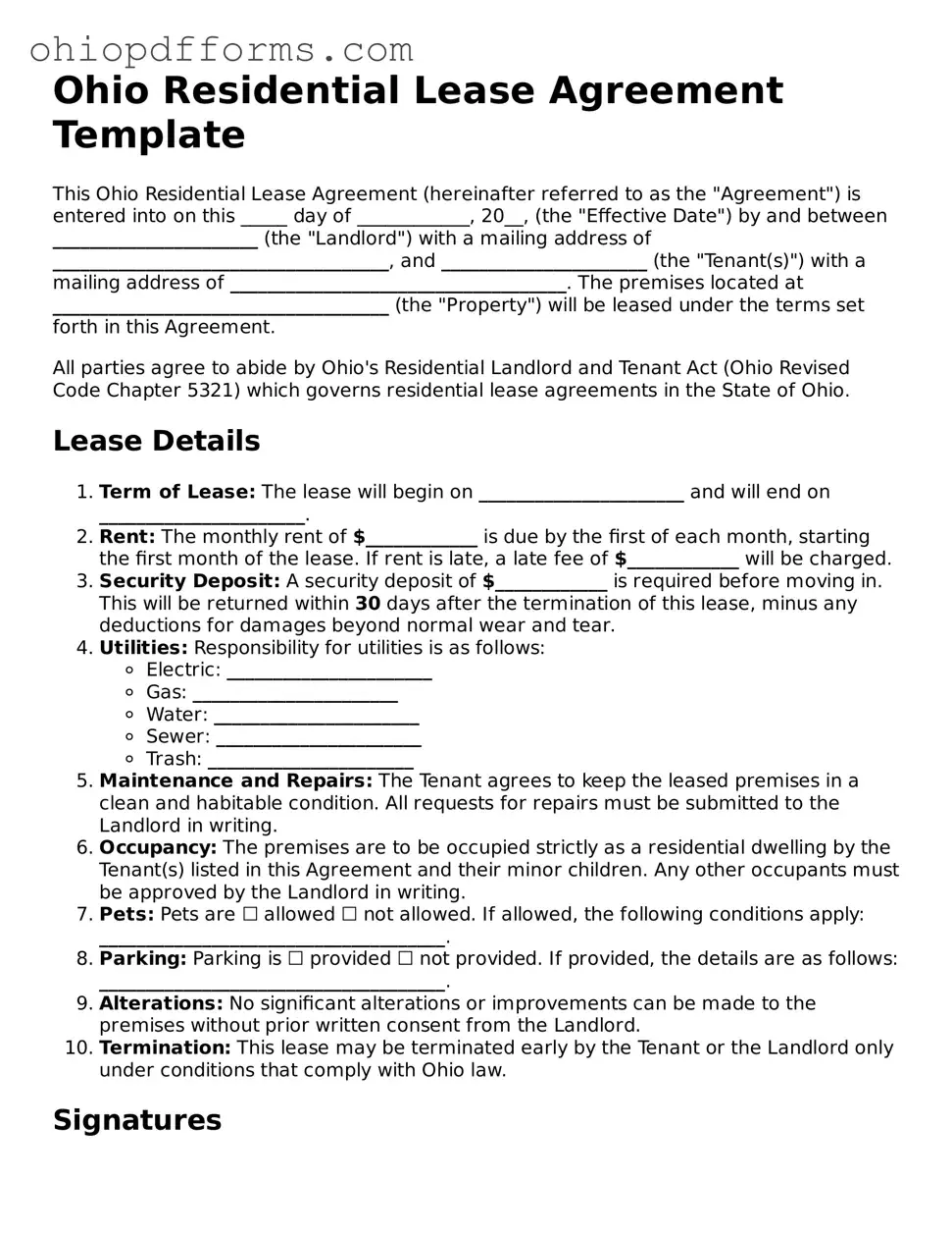 Ohio Residential Lease Agreement Template