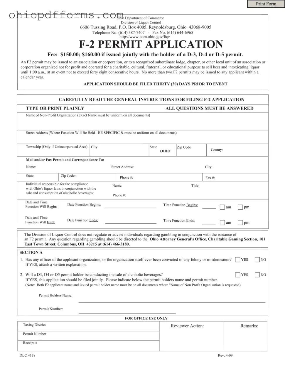 Ohio F 2 Permit Form