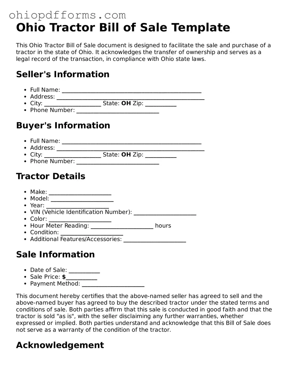 Ohio Tractor Bill of Sale Template