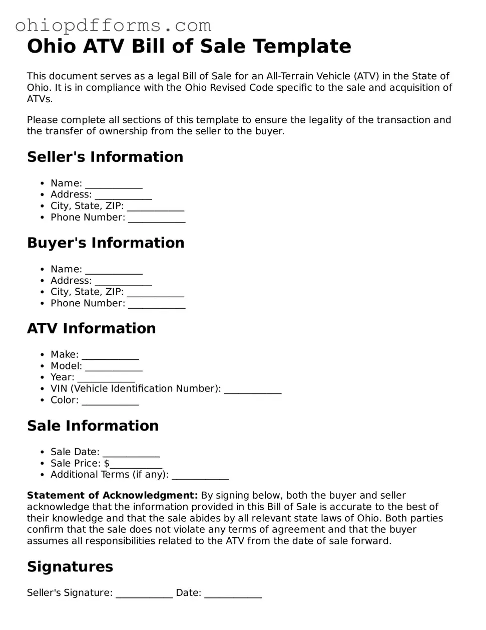 Ohio ATV Bill of Sale Template