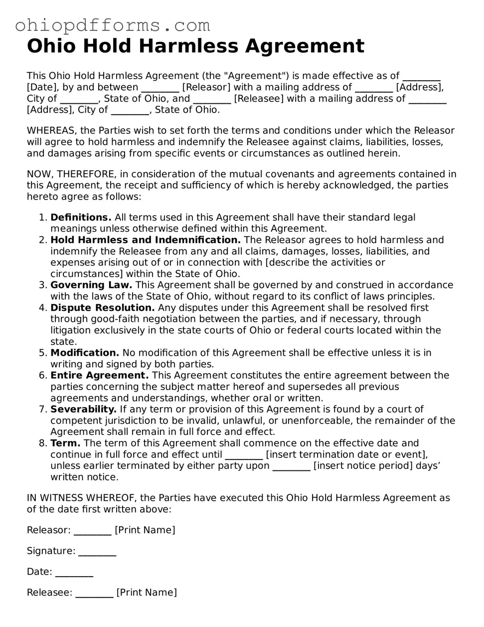 Ohio Hold Harmless Agreement Template