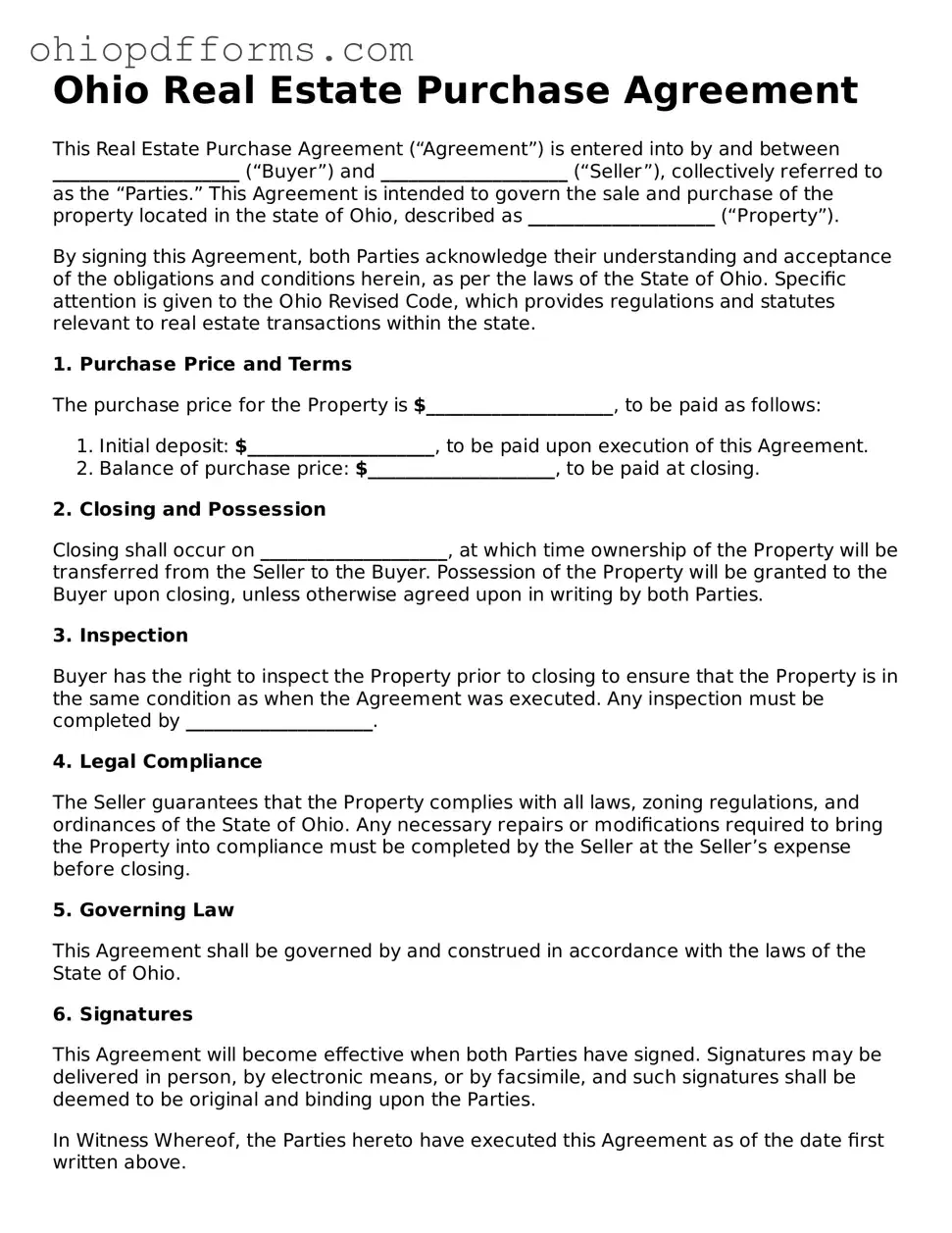 Ohio Real Estate Purchase Agreement Template