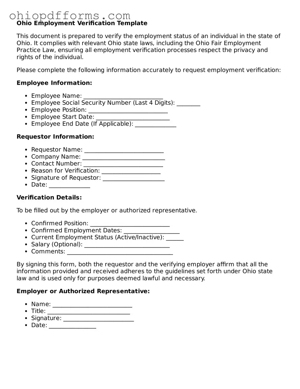 Ohio Employment Verification Template