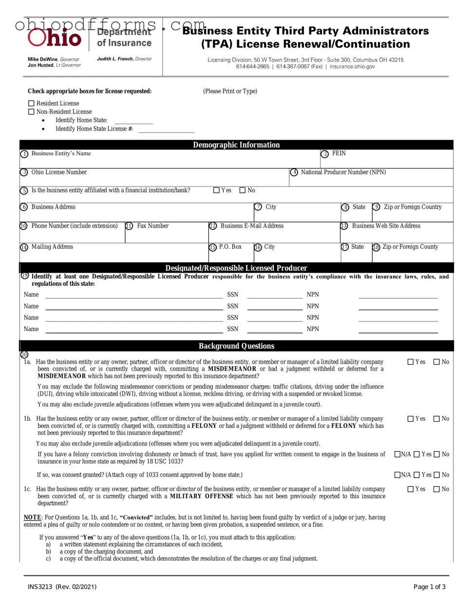 Ohio Ins3213 Form