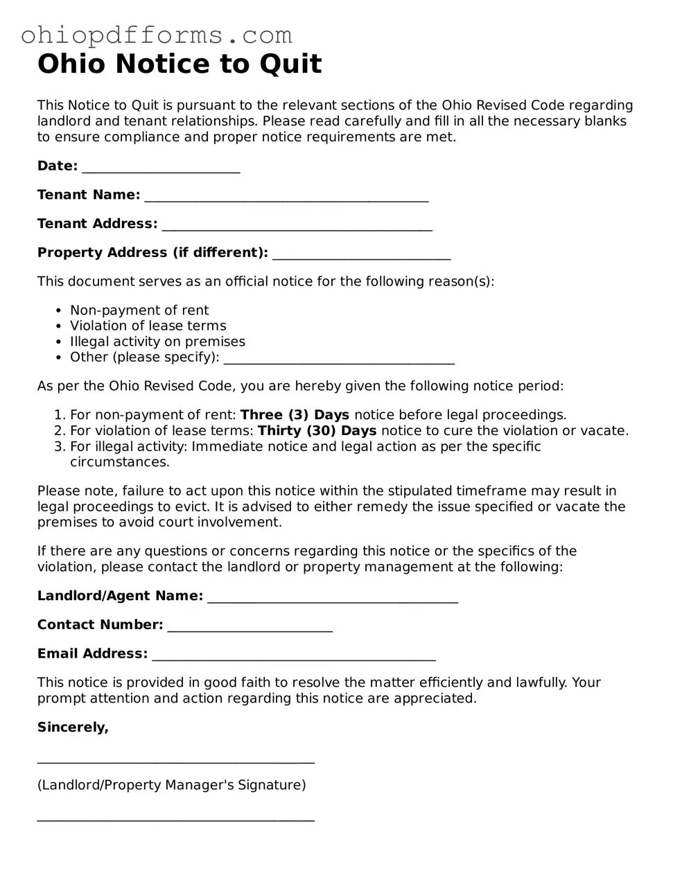 Ohio Notice to Quit Template