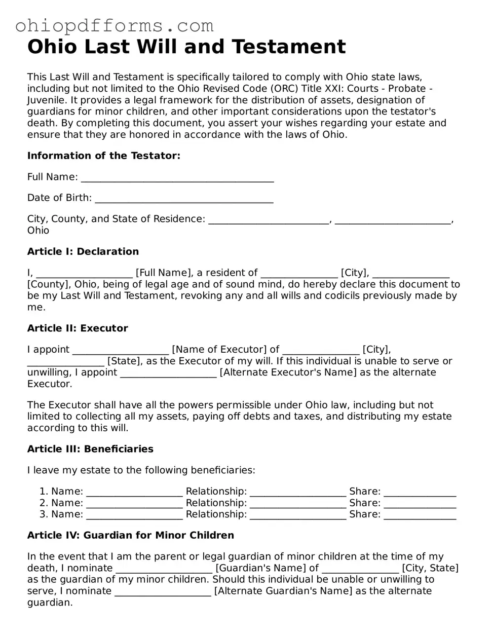 Ohio Last Will and Testament Template