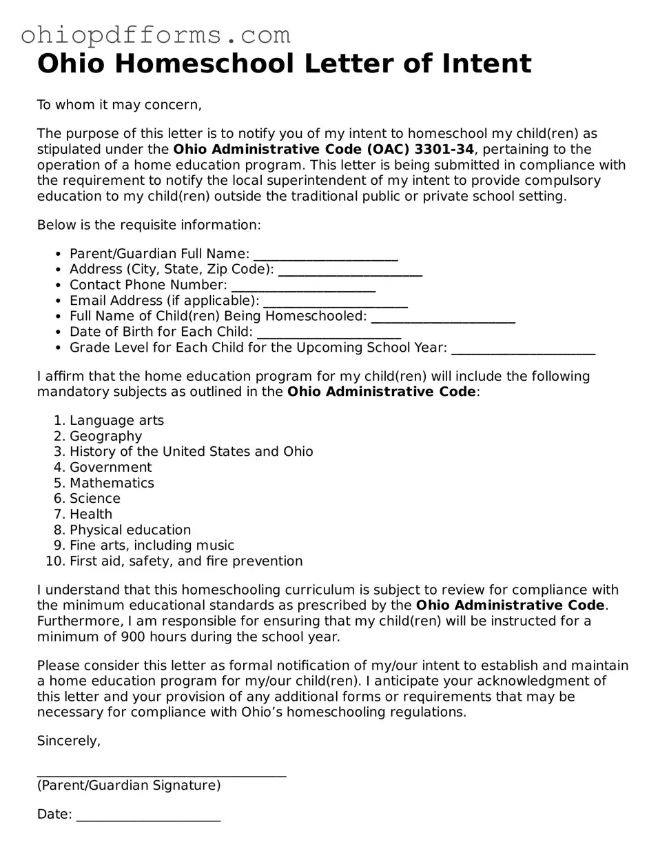 Ohio Homeschool Letter of Intent Template