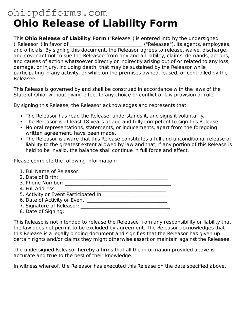 Ohio Release of Liability Template