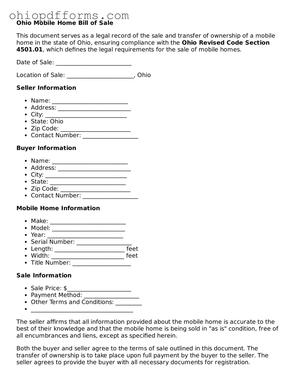 Ohio Mobile Home Bill of Sale Template