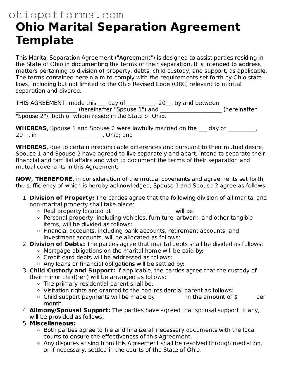 Ohio Marital Separation Agreement Template