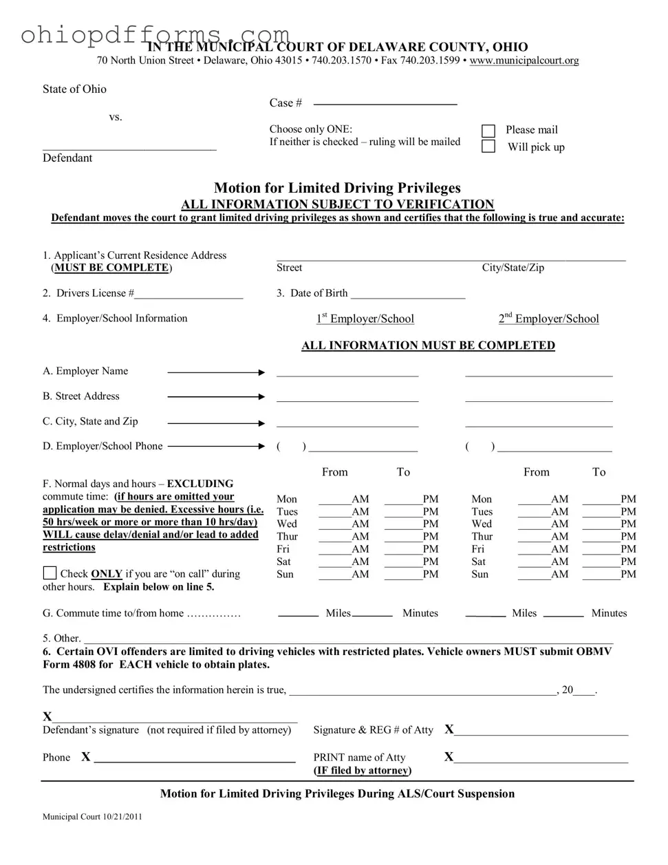 Ohio Motion Driving Privileges Form