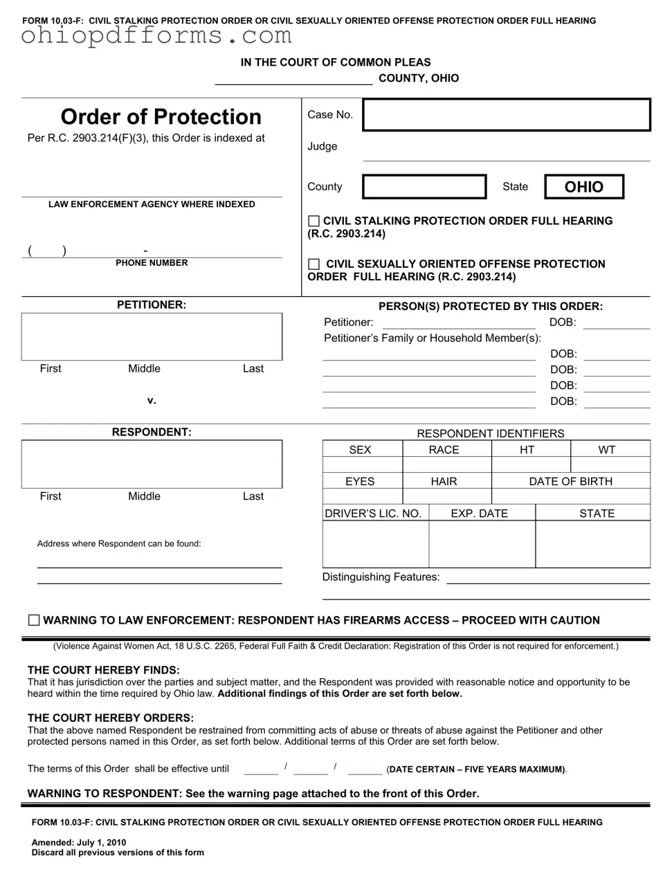 Ohio Order Of Protection Form
