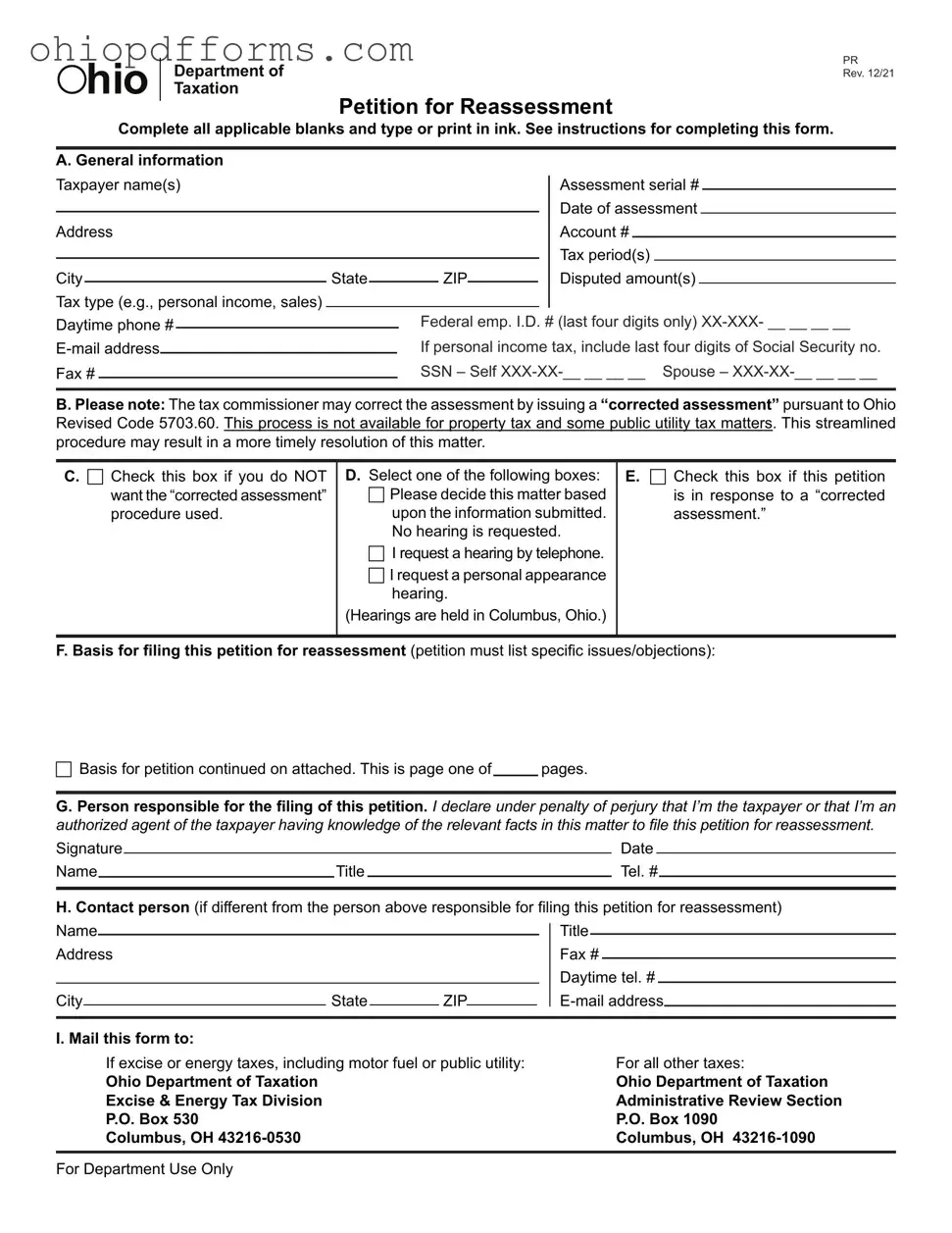 Ohio Petition For Reassessment Form