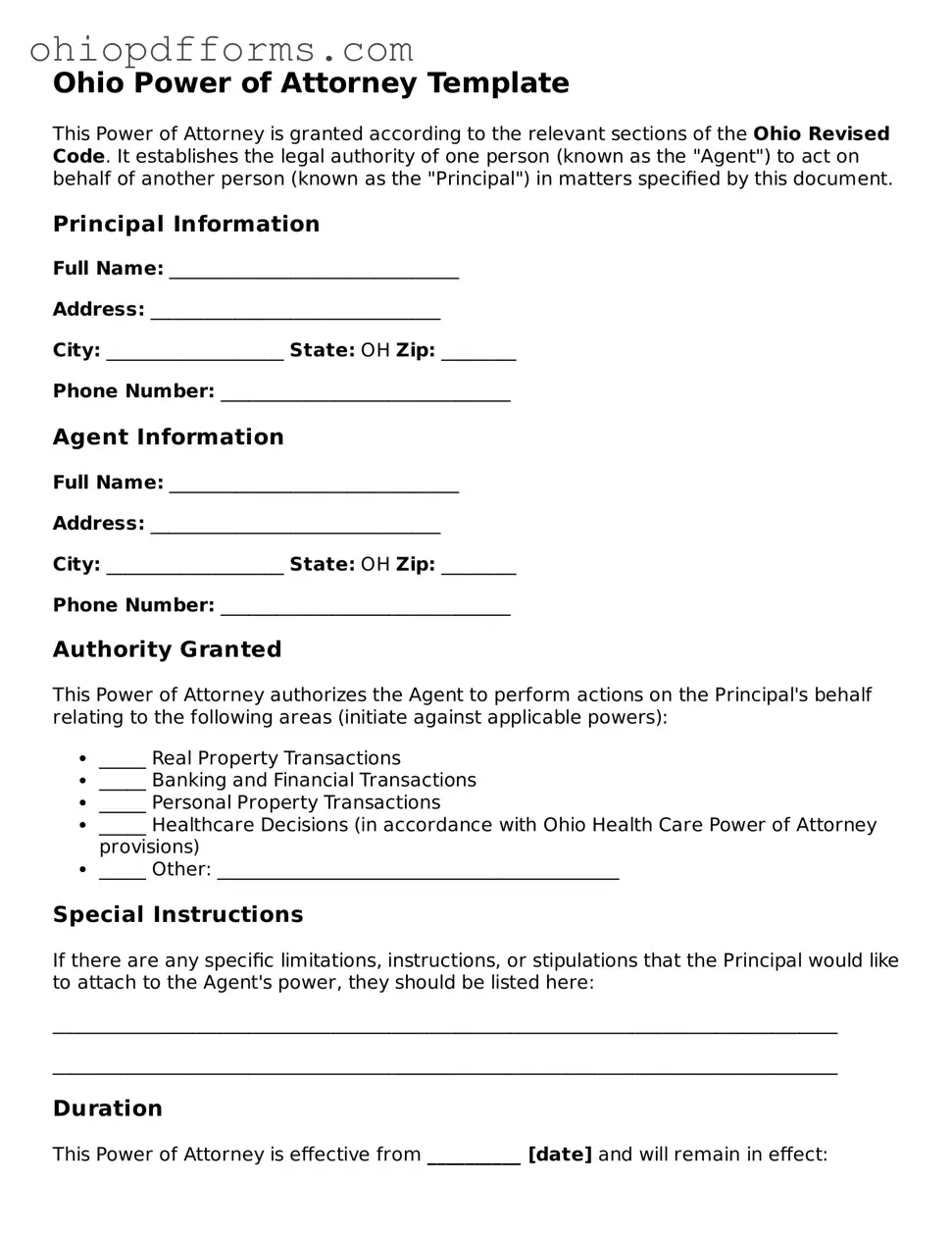 Ohio Power of Attorney Template