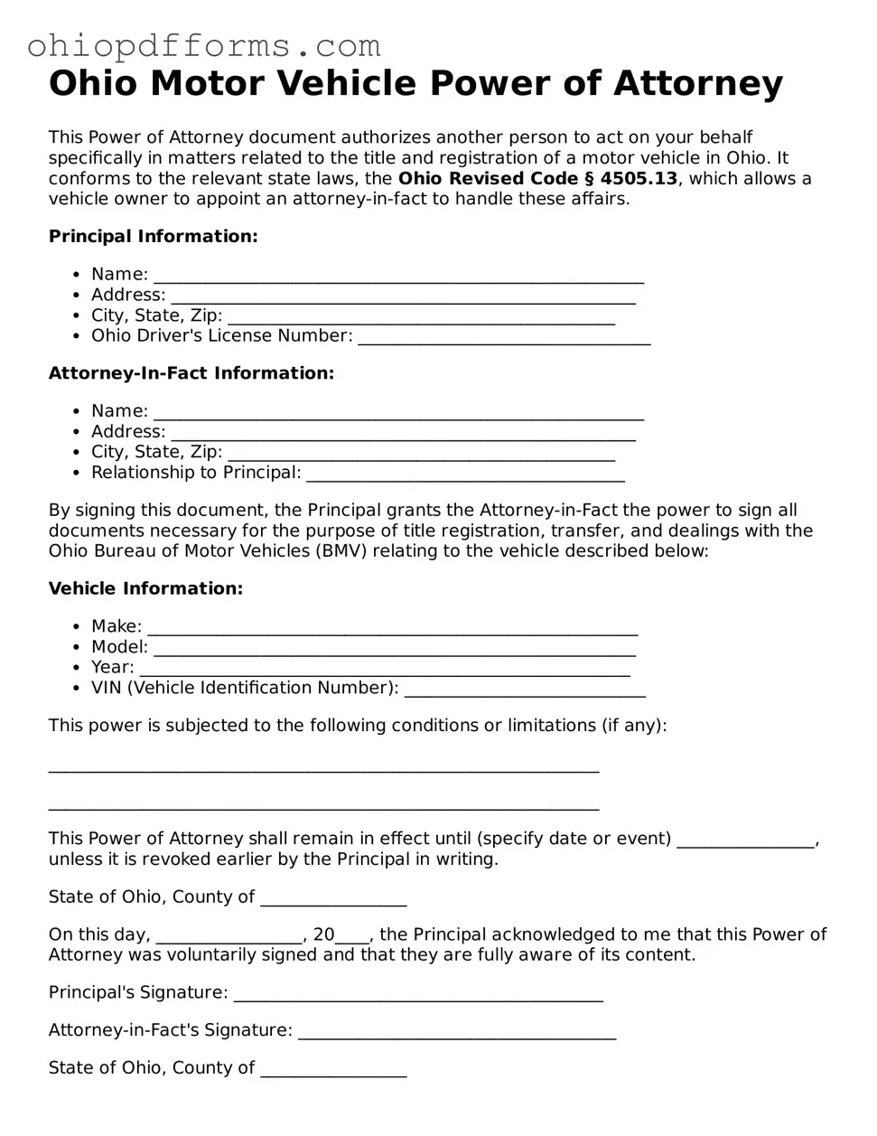 Ohio Motor Vehicle Power of Attorney Template