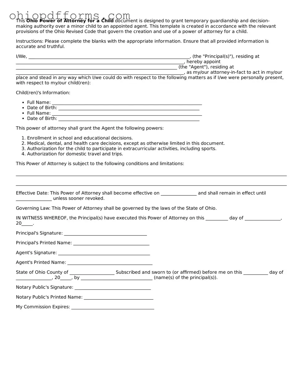 Ohio Power of Attorney for a Child Template