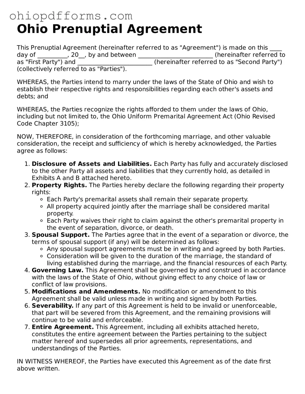 Ohio Prenuptial Agreement Template