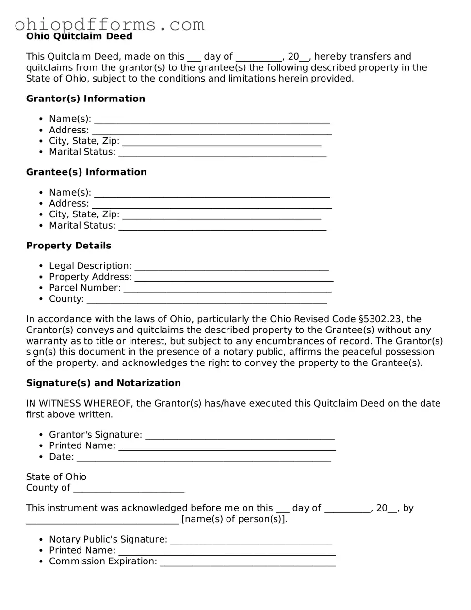 Ohio Quitclaim Deed Template