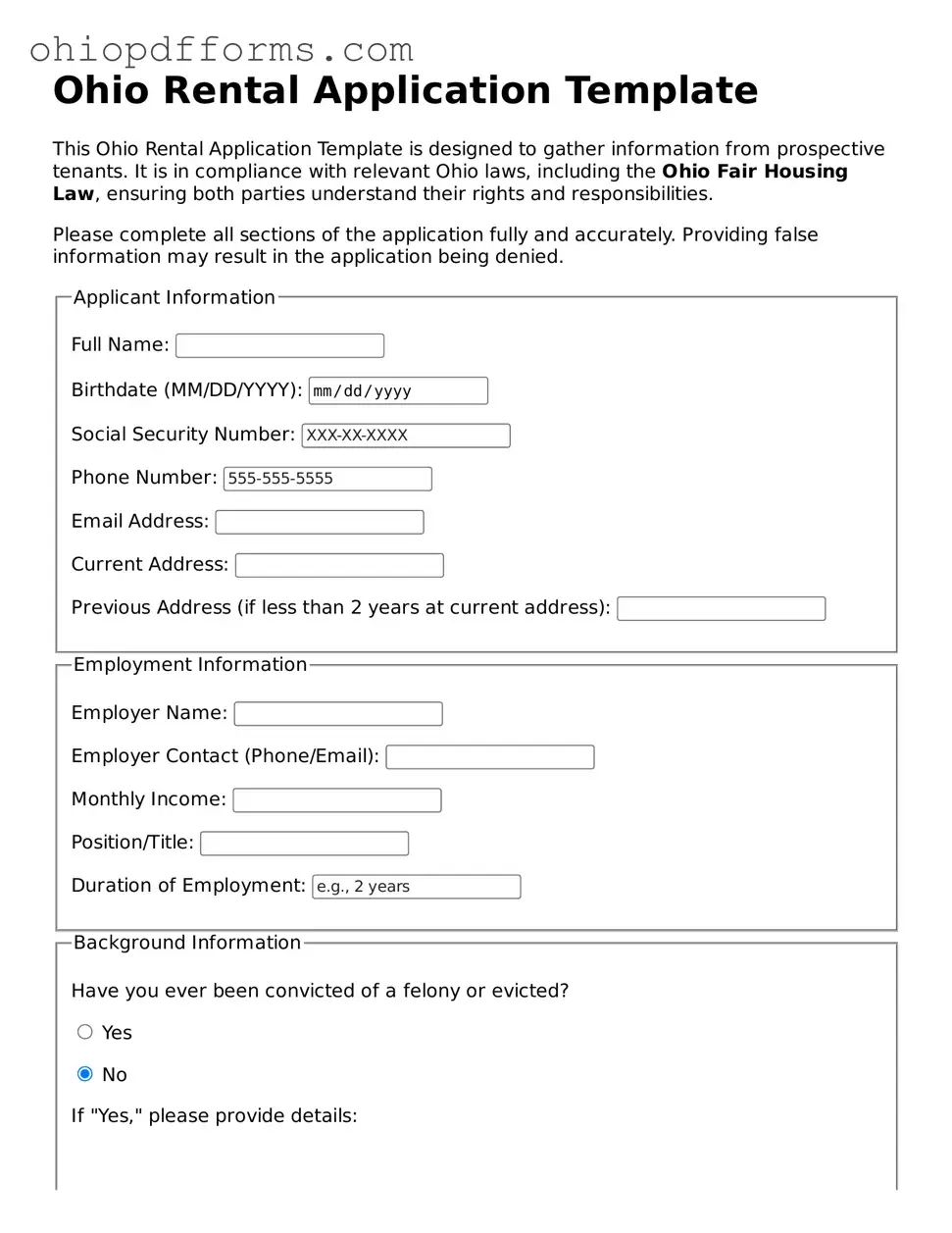 Ohio Rental Application Template