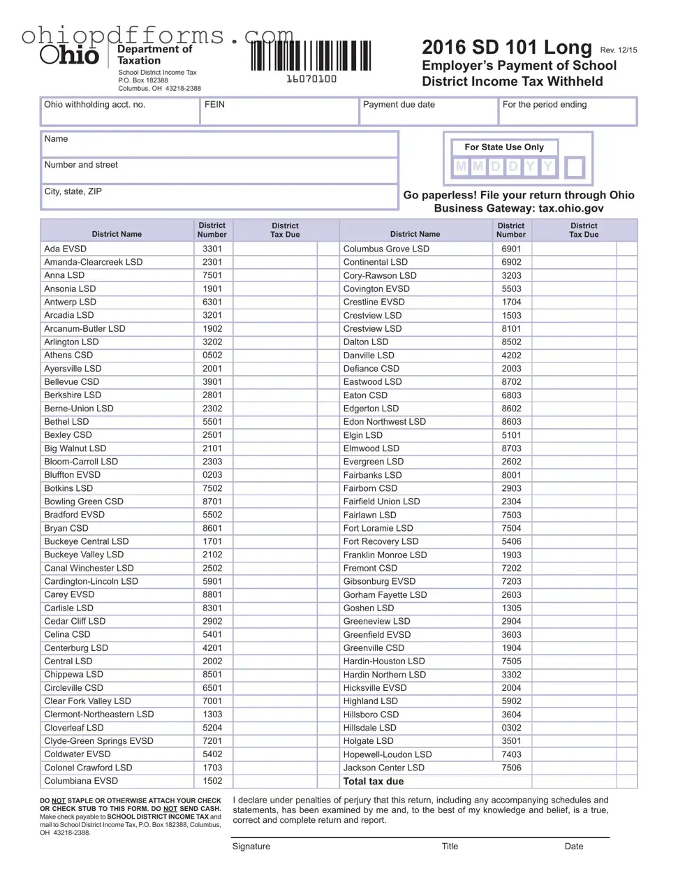 Ohio Sd 101 Form