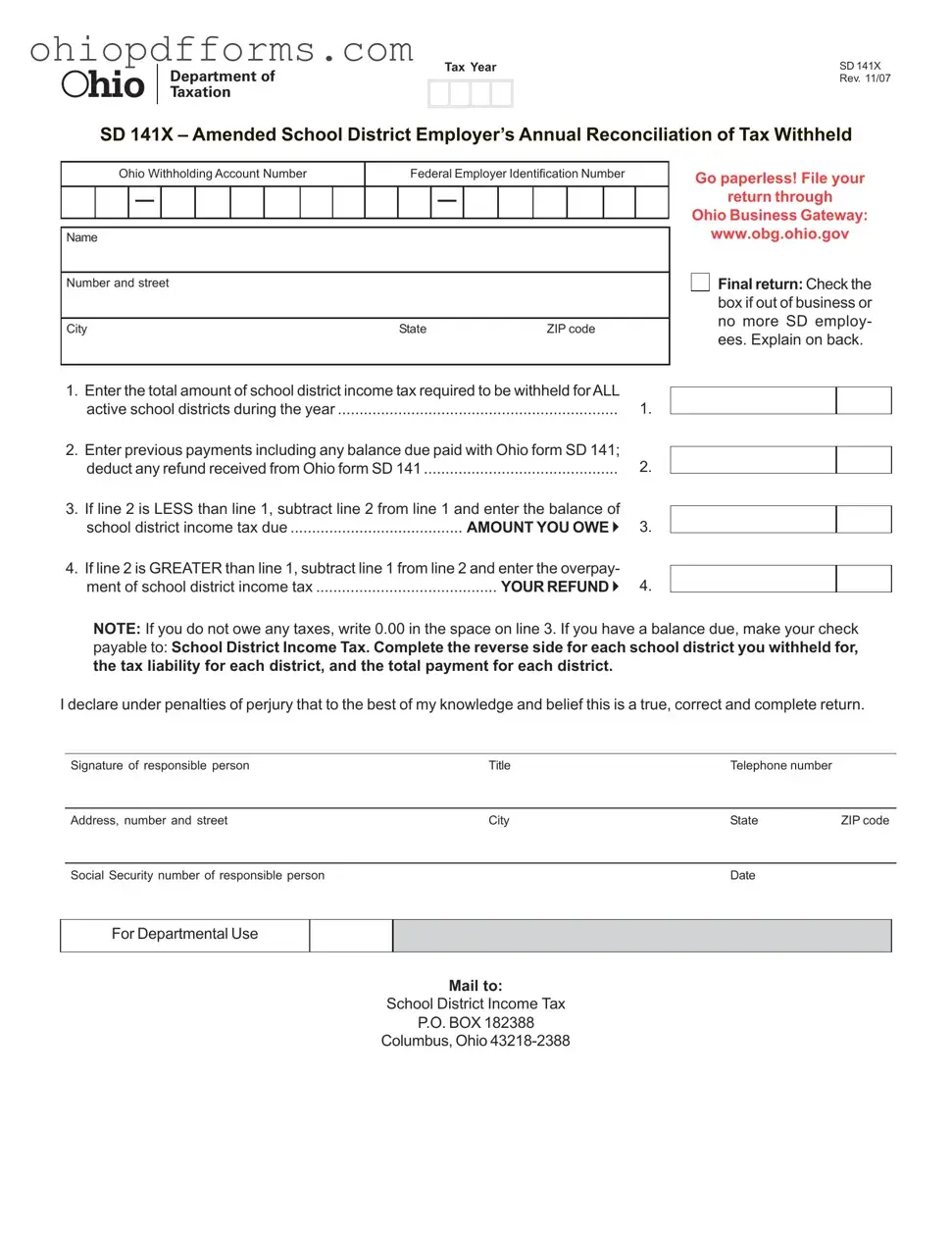 Ohio Sd 141X Form