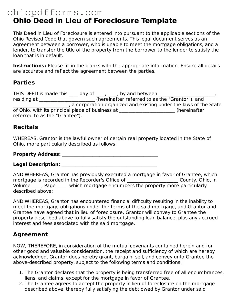 Ohio Deed in Lieu of Foreclosure Template