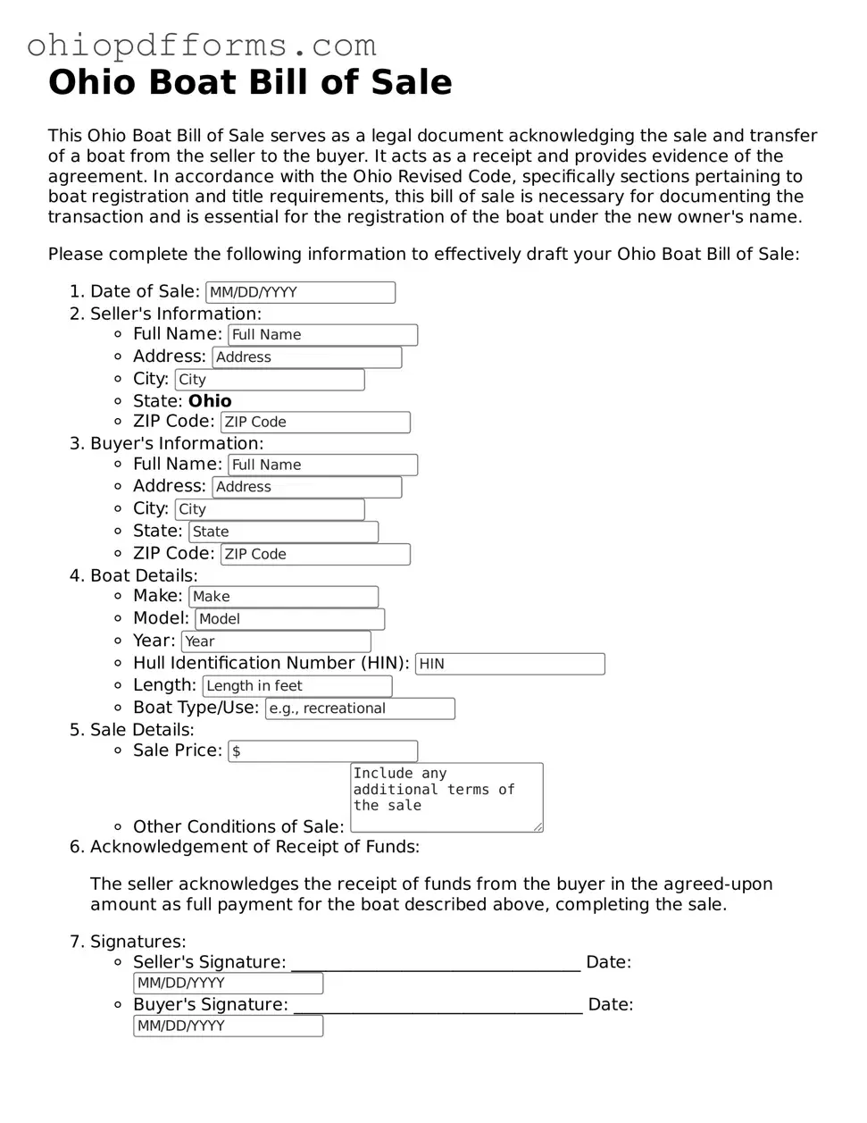 Ohio Boat Bill of Sale Template