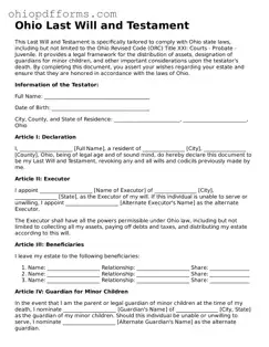 Ohio Last Will and Testament Template